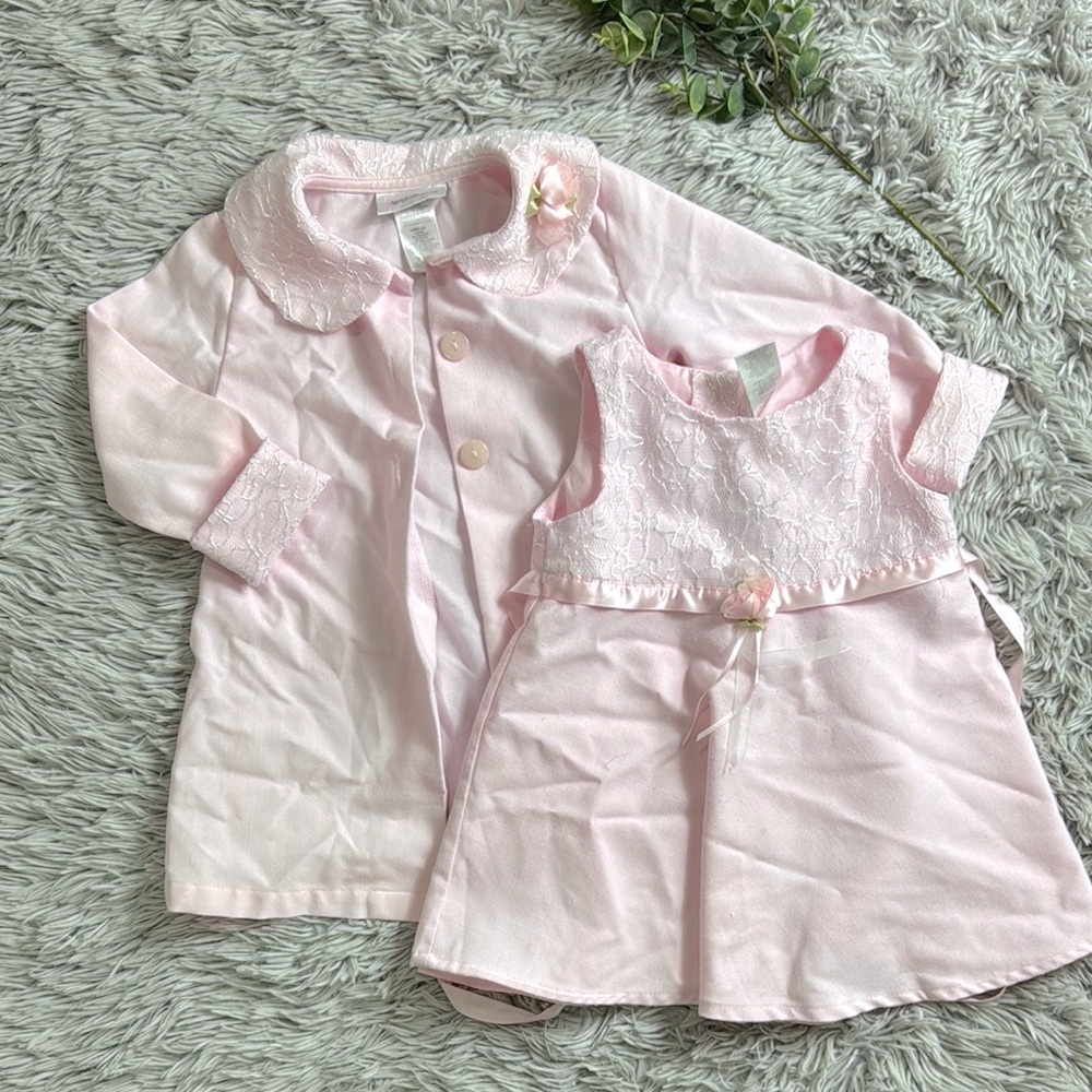Youngland vintage Pink Lace Trim Formal Dress with matching coat size 24m